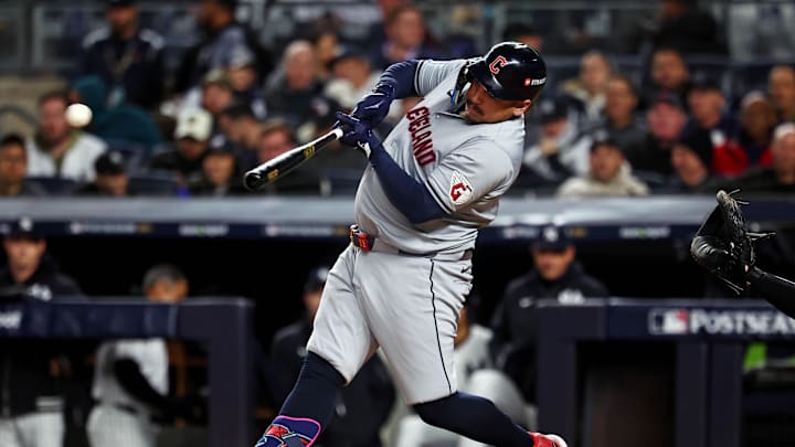 Cleveland Guardians first base Josh Naylor (22) hits a single during the second inning against the New York Yankees in game two of the ALCS for the 2024 MLB Playoffs at Yankee Stadium.