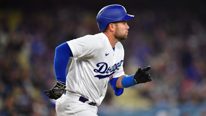 Apr 17, 2023; Los Angeles, California, USA; Los Angeles Dodgers catcher Austin Wynns (29) runs after hitting a two run RBI double against the New York Mets during the second inning at Dodger Stadium. Mandatory Credit: Gary A. Vasquez-USA TODAY Sports