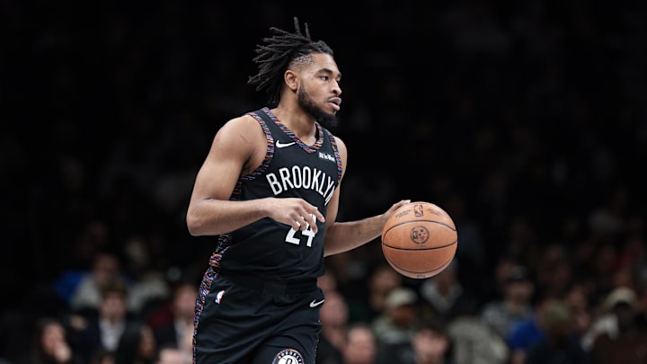 Jan 16, 2026; Brooklyn, New York, USA; Brooklyn Nets guard Cam Thomas (24) dribbles up court against the Chicago Bulls during the first quarter at Barclays Center. Mandatory Credit: Vincent Carchietta-Imagn Images