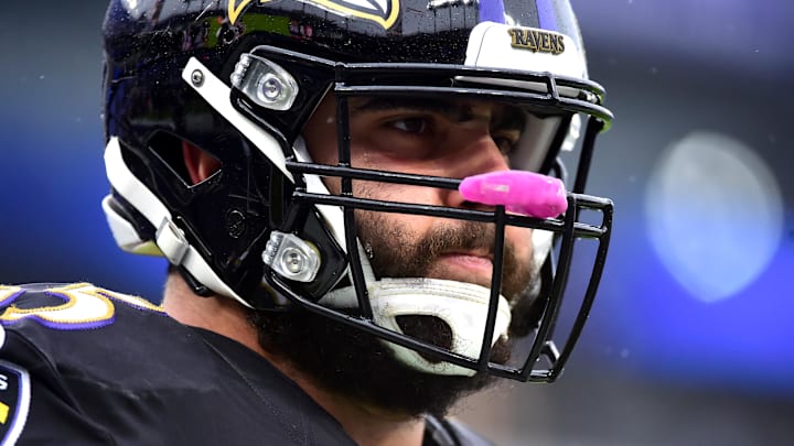 Dec 1, 2019; Baltimore, MD, USA; Baltimore Ravens offensive lineman Patrick Mekari (65) looks on prior to the game against the San Francisco 49ers at M&T Bank Stadium. Mandatory Credit: Evan Habeeb-Imagn Images