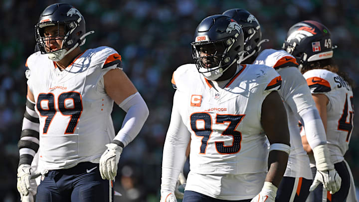 Oct 5, 2025; Philadelphia, Pennsylvania, USA; Denver Broncos defensive end Zach Allen (99) and defensive tackle D.J. Jones (93) against the Philadelphia Eagles at Lincoln Financial Field. 