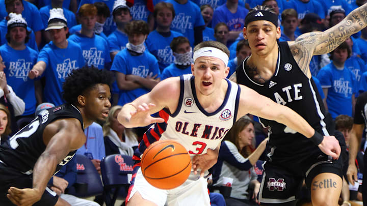 Feb 15, 2025; Oxford, Mississippi, USA; Mississippi Rebels guard Sean Pedulla (3) chases a loose ball as Mississippi State Bulldogs guard Josh Hubbard (12) and guard Riley Kugel (2) defend during the second half at The Sandy and John Black Pavilion at Ole Miss. Mandatory Credit: Petre Thomas-Imagn Images