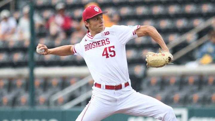 Indiana's Julian Tonghini (45) pitches during a NCAA Baseball Tournament Knoxville Regional game at Lindsey Nelson Stadium on Sunday, June 2, 2024 in Knoxville, Tenn.