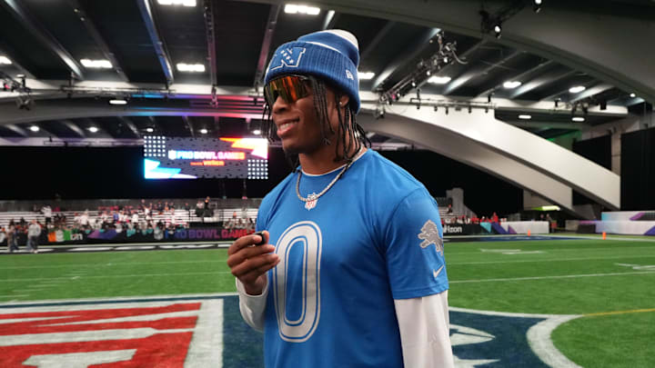 Feb 1, 2026; San Francisco, CA, USA; Detroit Lions running back Jahmyr Gibbs (0) during NFC practice at the Flag Fieldhouse Moscone Center South Building. Mandatory Credit: Kirby Lee-Imagn Images Feb 1, 2026; San Francisco, CA, USA; Detroit Lions running back Jahmyr Gibbs (0) during NFC practice at the Flag Fieldhouse Moscone Center South Building. Mandatory Credit: Kirby Lee-Imagn Images