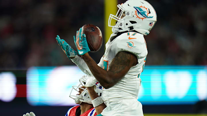 Sep 17, 2023; Foxborough, Massachusetts, USA; Miami Dolphins wide receiver Jaylen Waddle (17) makes