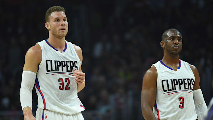 Apr 12, 2017; Los Angeles, CA, USA; Los Angeles Clippers forward Blake Griffin (32) and guard Chris Paul (3) react during a NBA basketball game against the Sacramento Kings at Staples Center. The Clippers defeated the Kings 115-95. Mandatory Credit: Kirby Lee-Imagn Images