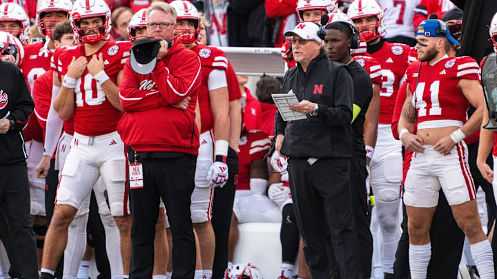 Nov 23, 2024; Lincoln, Nebraska, USA; Nebraska Cornhuskers assistant coach Dana Holgorsen on the sideline during the second quarter against the Wisconsin Badgers at Memorial Stadium.