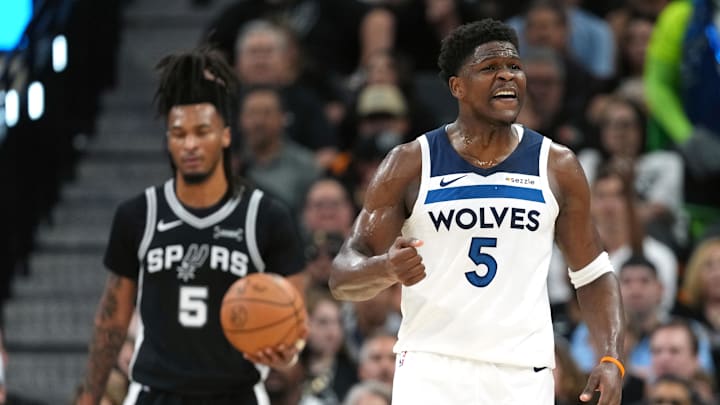 May 12, 2026; San Antonio, Texas, USA; Minnesota Timberwolves guard Anthony Edwards (5) argues a call from an official during the first half of game five of the second round of the 2026 NBA Playoffs against the San Antonio Spurs at Frost Bank Center. Mandatory Credit: Scott Wachter-Imagn Images May 12, 2026; San Antonio, Texas, USA; Minnesota Timberwolves guard Anthony Edwards (5) argues a call from an official during the first half of game five of the second round of the 2026 NBA Playoffs against the San Antonio Spurs at Frost Bank Center. Mandatory Credit: Scott Wachter-Imagn Images