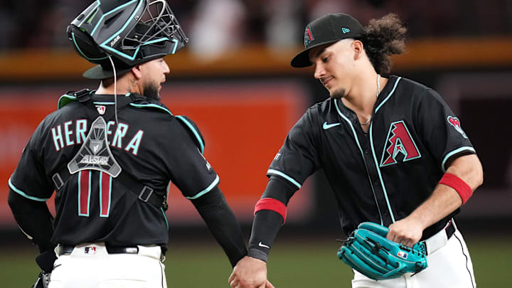 Arizona Diamondbacks Alek Thomas (5) high-fives Jose Herrera (11) after their win 4-2 win against the San Francisco Giants at Chase Field on June 30, 2025.