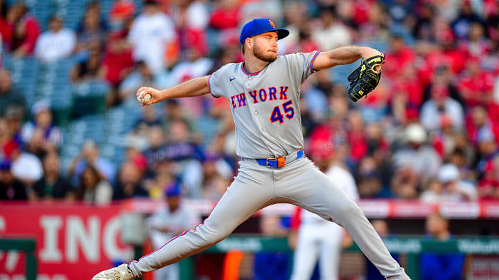 May 1, 2026; Anaheim, California, USA; New York Mets pitcher Christian Scott (45) throws against the Los Angeles Angels during the first inning at Angel Stadium. Mandatory Credit: Gary A. Vasquez-Imagn Images