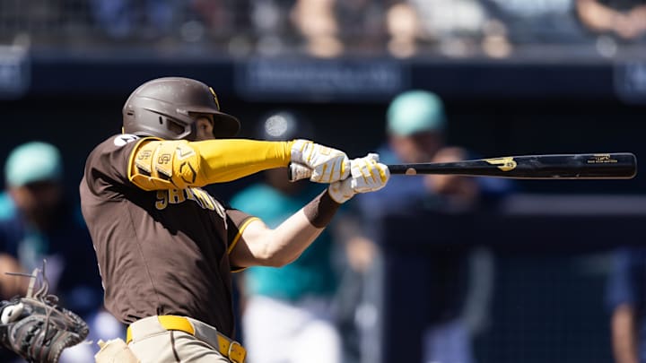 Mar 15, 2025; Peoria, Arizona, USA; San Diego Padres infielder Tyler Wade against the Seattle Mariners during a spring training game at Peoria Sports Complex. Mandatory Credit: Mark J. Rebilas-Imagn Images