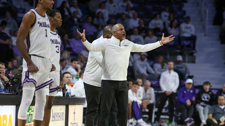 Jan 11, 2025; Manhattan, Kansas, USA; Kansas State Wildcats head coach Jerome Tang questions a call by the officials during the second half against the Houston Cougars at Bramlage Coliseum. Mandatory Credit: Scott Sewell-Imagn Images