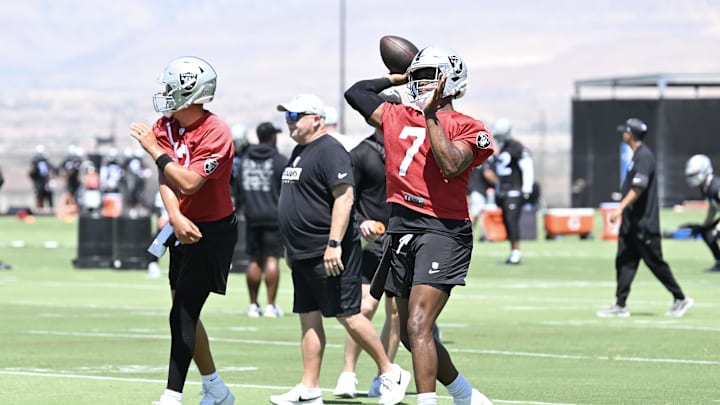 Jun 10, 2025; Henderson, NV, USA; Las Vegas Raiders quarterback Geno Smith (7) throws the ball during Las Vegas Raiders Minicamp at Intermountain Health Performance Center. Mandatory Credit: Candice Ward-Imagn Images