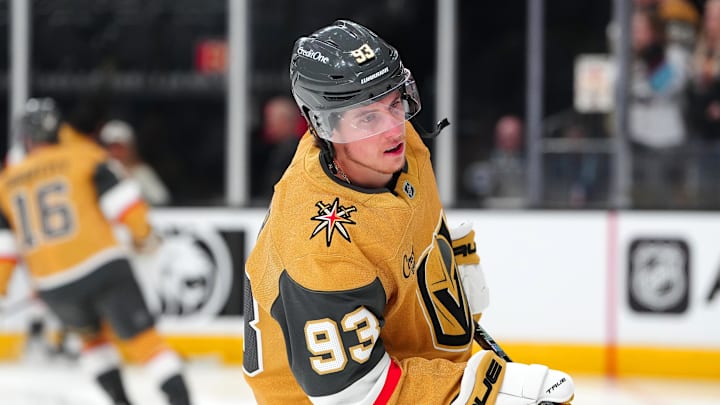 Mar 26, 2026; Las Vegas, Nevada, USA; Vegas Golden Knights right wing Mitch Marner (93) warms up before a game against the Edmonton Oilers at T-Mobile Arena. Mandatory Credit: Stephen R. Sylvanie-Imagn Images