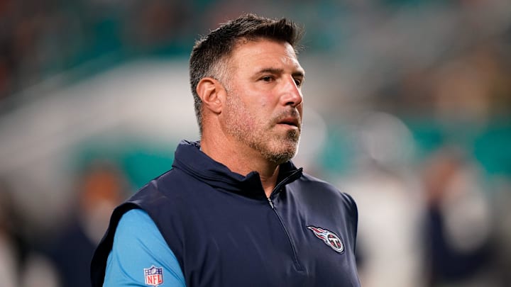 Tennessee Titans head coach Mike Vrabel before a game against the Miami Dolphins at Hard Rock Stadium in Miami, Fla., Monday, Dec. 11, 2023. Tennessee Titans head coach Mike Vrabel before a game against the Miami Dolphins at Hard Rock Stadium in Miami, Fla., Monday, Dec. 11, 2023.
