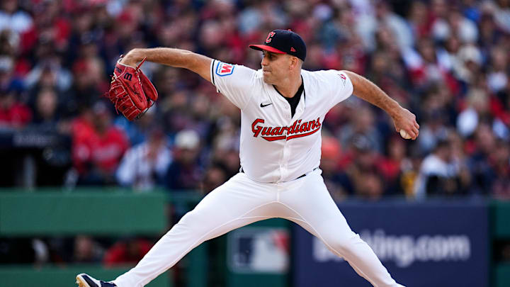 Cleveland Guardians pitcher Matthew Boyd (16) throws against Detroit Tigers during the first inning of Game 2 of ALDS at Progressive Field in Cleveland, Ohio on Monday, Oct. 7, 2024.