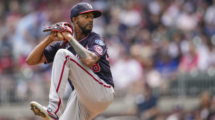 Jun 11, 2023; Cumberland, Georgia, USA; Washington Nationals relief pitcher Carl Edwards Jr. (58) pitches against the Atlanta Braves during the seventh inning at Truist Park. Mandatory Credit: Dale Zanine-USA TODAY Sports Jun 11, 2023; Cumberland, Georgia, USA; Washington Nationals relief pitcher Carl Edwards Jr. (58) pitches against the Atlanta Braves during the seventh inning at Truist Park. Mandatory Credit: Dale Zanine-USA TODAY Sports