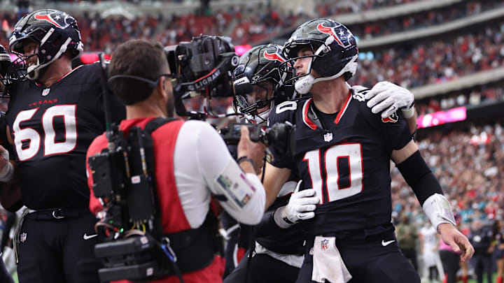 Nov 9, 2025; Houston, Texas, USA; Houston Texans quarterback Davis Mills (10) reacts after scoring a touchdown against the Jacksonville Jaguars during the second half at NRG Stadium. Mandatory Credit: Troy Taormina-Imagn Images