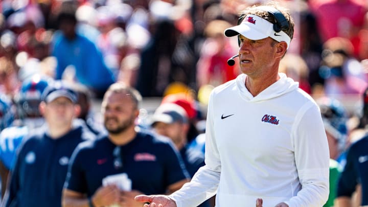 Ole Miss head coach Lane Kiffin reacts to an official during a college football game between Ole Miss and LSU at Vaught-Hemingway Stadium in Oxford, Miss., on Saturday, Sept. 27, 2025.