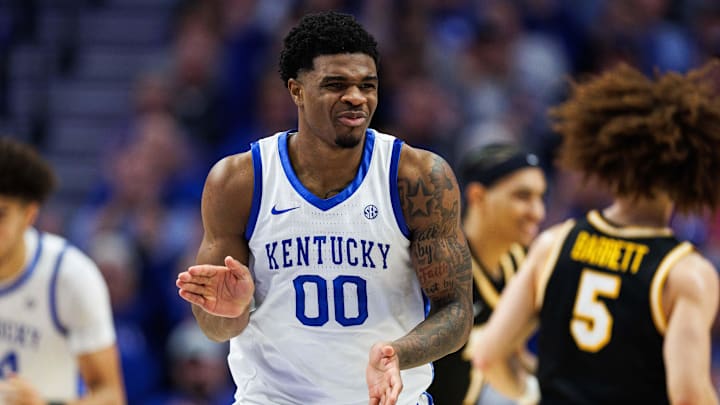 Kentucky Wildcats guard Otega Oweh (00) reacts during game against the Missouri Tigers. Mandatory Credit: Jordan Prather-Imagn Images