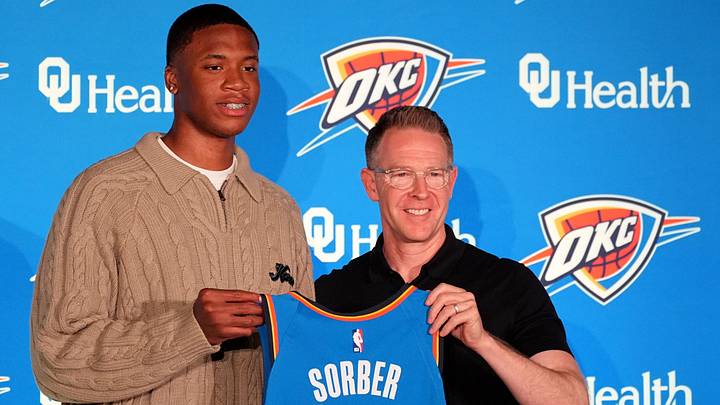 Thunder draft pick Thomas Sorber poses for a photo with general manager Sam Presti during a press conference at the First American's Museum in Oklahoma City, Saturday, June 28, 2025. Thunder draft pick Thomas Sorber poses for a photo with general manager Sam Presti during a press conference at the First American's Museum in Oklahoma City, Saturday, June 28, 2025.