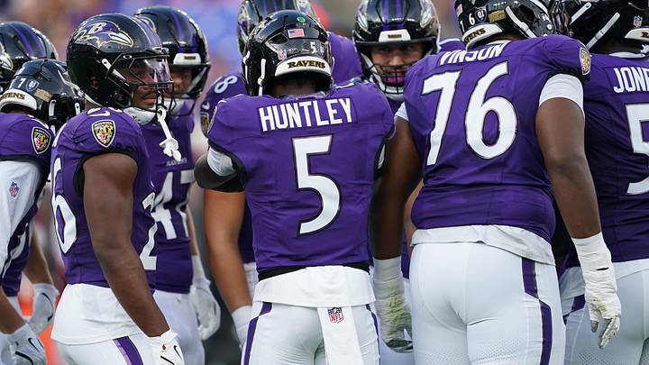 Aug 28, 2026; Baltimore, Maryland, USA; Baltimore Ravens  quarterback Tyler Huntley (5) leads the huddle during the first quarter against the Washington Commanders at M&T Bank Stadium.  Mandatory Credit: Mitch Stringer-Imagn Images