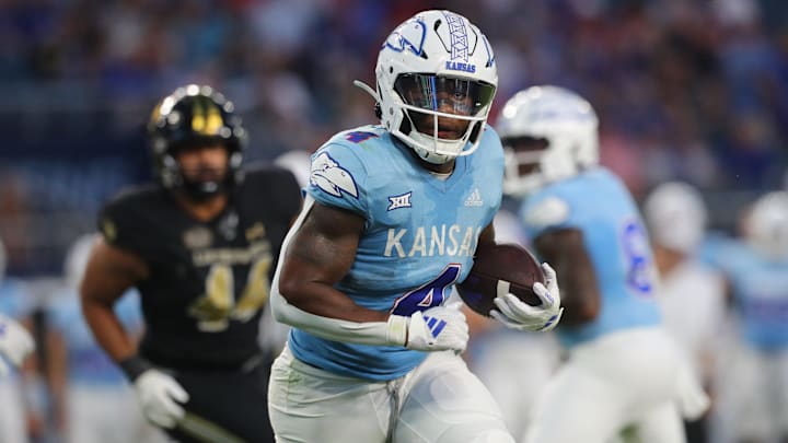 Kansas Jayhawks running back Devin Neal (4) runs in for a touchdown runs in for a touchdown in the second quarter of the game against Lindenwood Lions Thursday, August 29, 2024 at Children's Mercy Park.