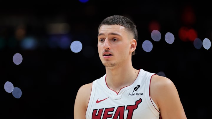 Oct 28, 2025; Miami, Florida, USA; Miami Heat forward Nikola Jovic (5) looks on against the Charlotte Hornets during the fourth quarter at Kaseya Center. Mandatory Credit: Sam Navarro-Imagn Images