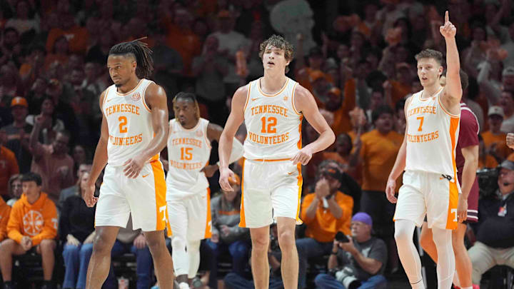 Tennessee walks off the court for a time out during a men’s college basketball game between Tennessee and South Carolina at Thompson-Boling Arena at Food City Center, Saturday, March 8, 2025.