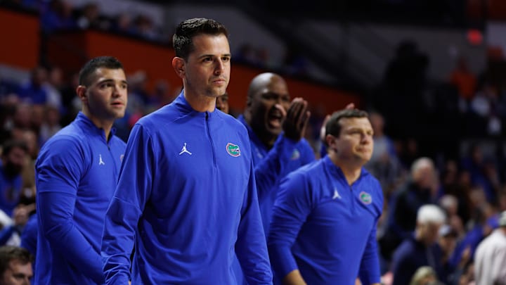 Jan 7, 2025; Gainesville, Florida, USA; Florida Gators head coach Todd Golden looks on against the Tennessee Volunteers during the first half at Exactech Arena at the Stephen C. O'Connell Center. Mandatory Credit: Matt Pendleton-Imagn Images