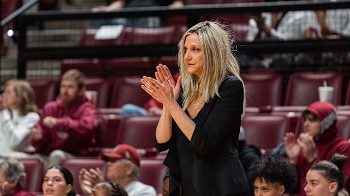 Florida State women’s basketball head coach Brooke Wycoff coaches her team from the sidelines during a game against the Clemson Tigers on Thursday, Jan. 16, 2025.