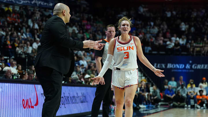May 27, 2025; Uncasville, Connecticut, USA; Connecticut Sun guard Marina Mabrey (3) reacts with head coach Rachid Meziane after a play against the Dallas Wings in the first half at Mohegan Sun Arena. Mandatory Credit: David Butler II-Imagn Images