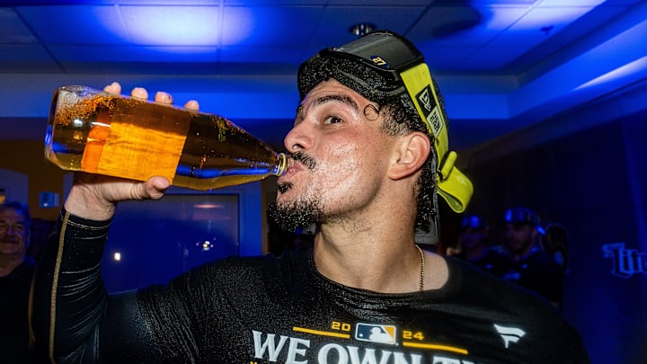 Milwaukee Brewers shortstop Willy Adames (27) celebrates the victory over the Philadelphia Phillies and winning the NL Central Division championship on Wednesday September 18, 2024 at American Family Field in Milwaukee, Wis.