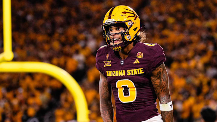 Aug 30, 2025; Tempe, Arizona, USA;  Arizona State Sun Devils wide receiver Jordyn Tyson (0) celebrates his touchdown in the first quarter between Arizona State Sun Devils and Northern Arizona Lumberjacks at Mountain America Stadium. Mandatory Credit: Arianna Grainey-Imagn Images