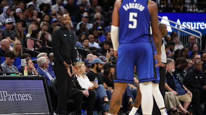 Orlando Magic head coach Jamahl Mosley directs his team against the Golden State Warriors in the fourth quarter at Kia Center.