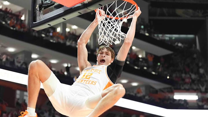 Tennessee's Cade Phillips (12) dunks the ball during an NCAA college basketball game between Tennessee and Florida in Knoxville, Tenn., Saturday, Feb. 1, 2025. Tennessee defeated Florida. Tennessee's Cade Phillips (12) dunks the ball during an NCAA college basketball game between Tennessee and Florida in Knoxville, Tenn., Saturday, Feb. 1, 2025. Tennessee defeated Florida.