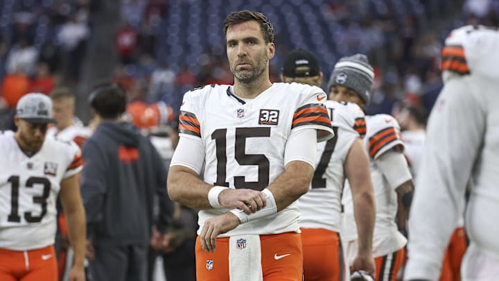 Dec 24, 2023; Houston, Texas, USA; Cleveland Browns quarterback Joe Flacco (15) on the sideline