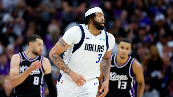 Apr 16, 2025; Sacramento, California, USA; Dallas Mavericks forward Anthony Davis (3) runs up the court after scoring a basket against the Sacramento Kings during the fourth quarter at Golden 1 Center. Mandatory Credit: Sergio Estrada-Imagn Images