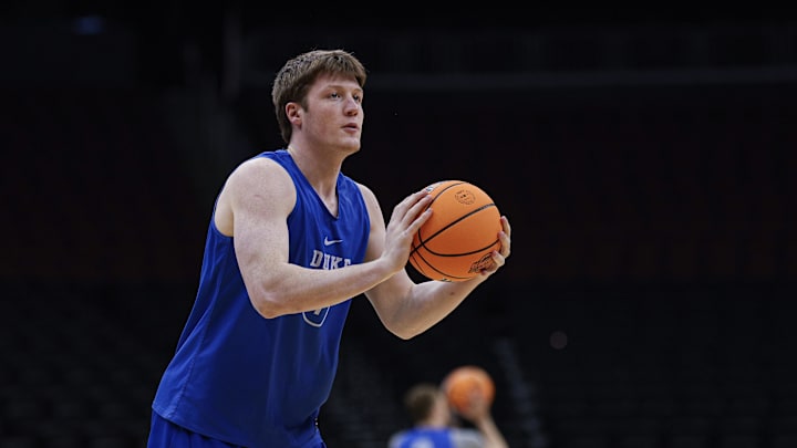 Mar 26, 2025; Newark, NJ, USA; Duke Blue Devils guard Kon Knueppel (7) during a practice session in preparation for an East Regional semifinal game against the Arizona Wildcats at Prudential Center. Mandatory Credit: Vincent Carchietta-Imagn Images