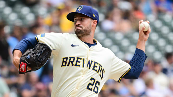 Milwaukee, Wisconsin, USA; Milwaukee Brewers pitcher Aaron Ashby (26) pitches in the eighth inning against the San Francisco Giants at American Family Field.