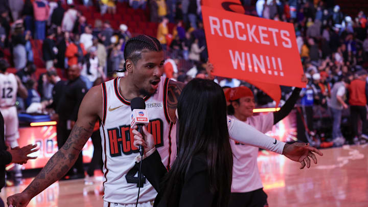 Jan 5, 2025; Houston, Texas, USA; Houston Rockets guard Jalen Green (4) talks to a reporter after defeating the Los Angeles Lakers at Toyota Center. Mandatory Credit: Thomas Shea-Imagn Images