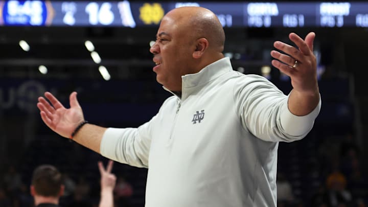 Feb 21, 2026; Pittsburgh, Pennsylvania, USA;  Notre Dame Fighting Irish head coach Micah Shrewsberry reacts on the sidelines against the Pittsburgh Panthers during the first half at the Petersen Events Center. 