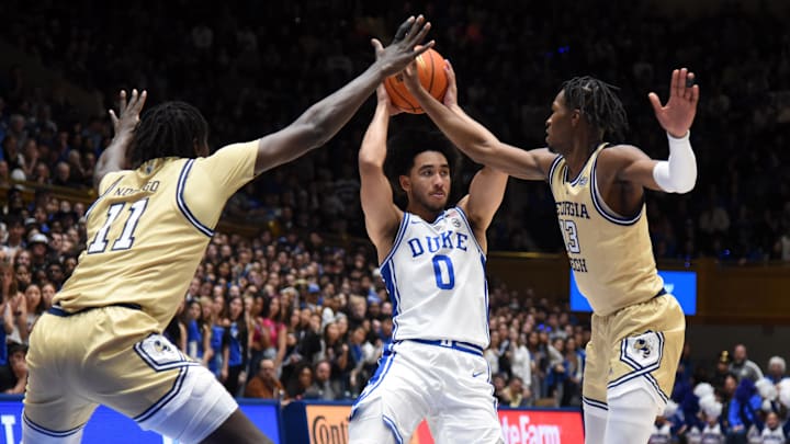 Jan 13, 2024; Durham, North Carolina, USA;  Duke Blue Devils guard Jared McCain (0) looks to pass as