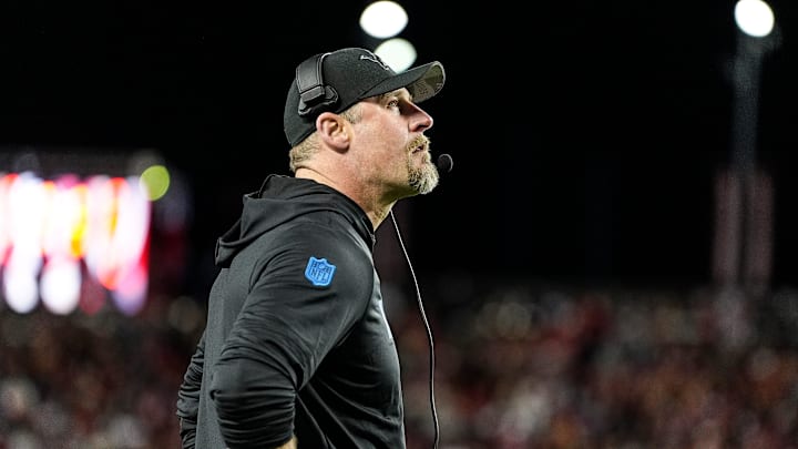 Detroit Lions head coach Dan Campbell watches a replay against San Francisco 49ers during the first half at Levi's Stadium in Santa Clara, Calif. on Monday, Dec. 30, 2024.