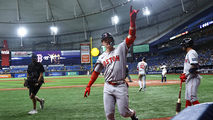 Sep 17, 2024; St. Petersburg, Florida, USA; Boston Red Sox first base Romy Gonzalez (23) celebrates after hitting a home run against the Tampa Bay Rays during the eighth inning at Tropicana Field. Mandatory Credit: Kim Klement Neitzel-Imagn Images