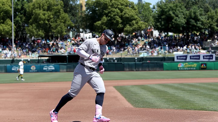New York Yankees designated hitter Aaron Judge (99) rounds the bases after hitting a solo home run against the Athletics during the fourth inning at Sutter Health Park on May 10. New York Yankees designated hitter Aaron Judge (99) rounds the bases after hitting a solo home run against the Athletics during the fourth inning at Sutter Health Park on May 10.