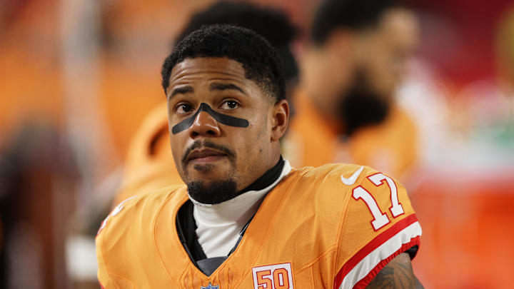 Dec 11, 2025; Tampa, Florida, USA; Tampa Bay Buccaneers wide receiver Sterling Shepard (17) looks on against the Atlanta Falcons during halftime at Raymond James Stadium. Mandatory Credit: Nathan Ray Seebeck-Imagn Images
