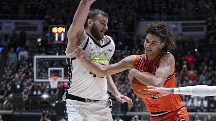 Jan 24, 2026; West Lafayette, Indiana, USA; Illinois Fighting Illini guard Keaton Wagler (23) drives to the basket during the first half against the Purdue Boilermakers at Mackey Arena. Mandatory Credit: Jacob Musselman-Imagn Images