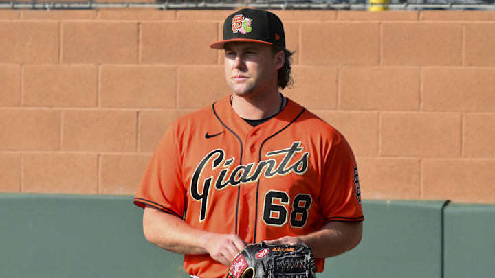 Feb 10, 2026; Scottsdale, AZ, USA; San Francisco Giants pitcher Erik Miller (68) looks on during a Spring Training workout at Scottsdale Stadium Mandatory Credit: Matt Kartozian-Imagn Images Feb 10, 2026; Scottsdale, AZ, USA; San Francisco Giants pitcher Erik Miller (68) looks on during a Spring Training workout at Scottsdale Stadium Mandatory Credit: Matt Kartozian-Imagn Images