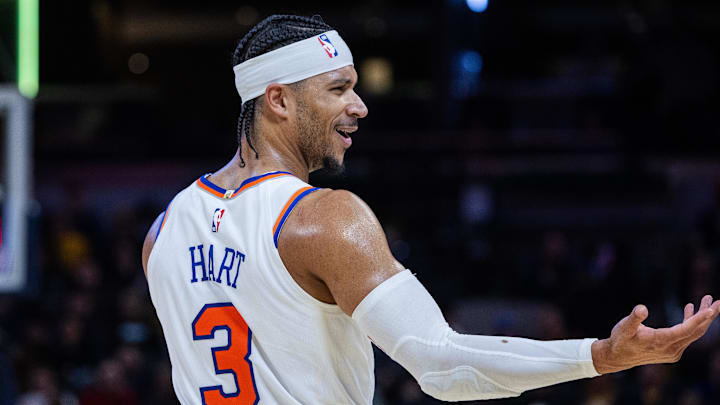 Feb 11, 2025; Indianapolis, Indiana, USA; New York Knicks guard Josh Hart (3) talks to fans in the second half against the Indiana Pacers at Gainbridge Fieldhouse. Mandatory Credit: Trevor Ruszkowski-Imagn Images